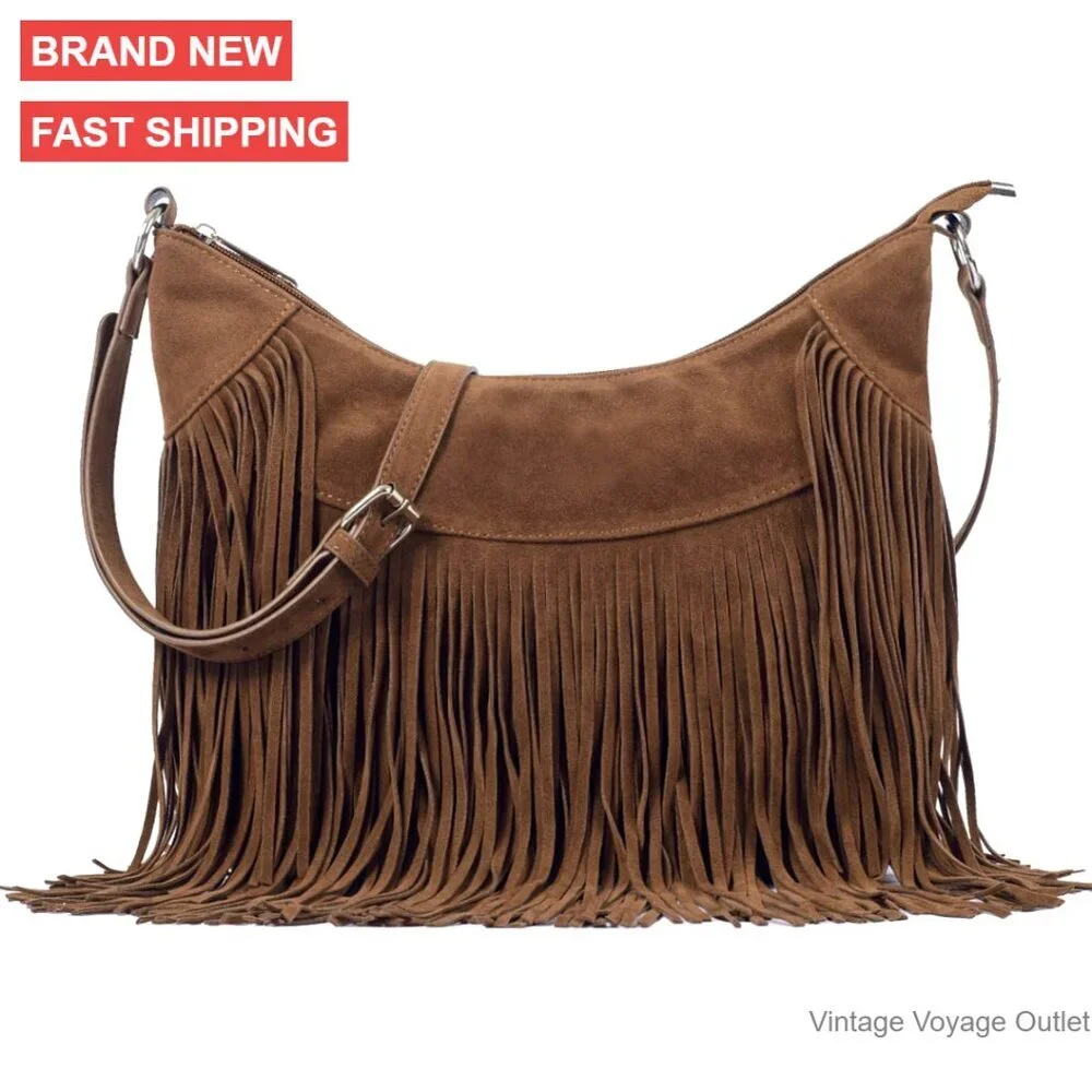 Fringe Hobo Bag Vegan Suede Crossbody Shoulder Purse Medium Size - Picture 1 of 7